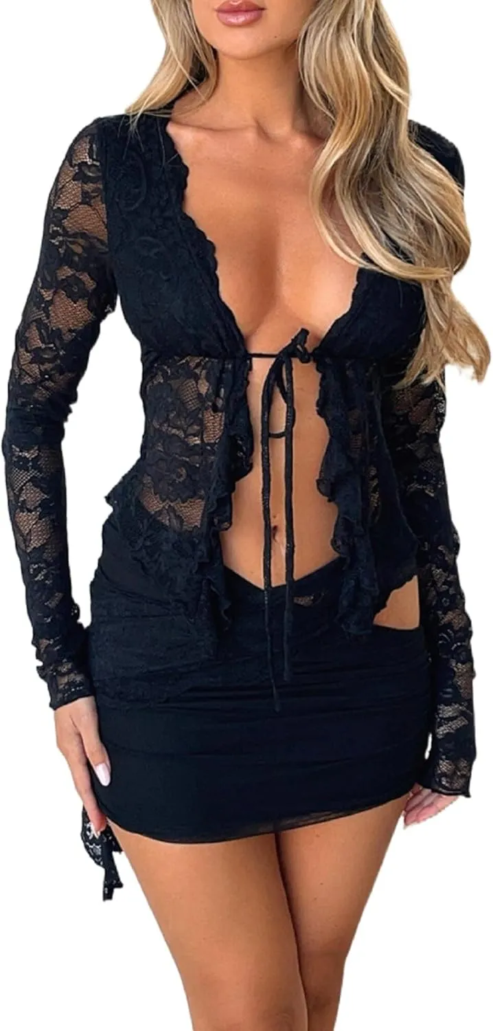 Women Lace Trim 2 Piece Outfits Sexy Floral Lace Bodycon Mini Dress Short Skirt Set Y2k Ruffle Two Piece Skirts Sets
