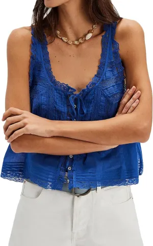 Women Lace Trim Vest Tank Tops Semi Sheer Tie Button Front Crop Y2K Going Out Tops Cute Summer Cami Shirt