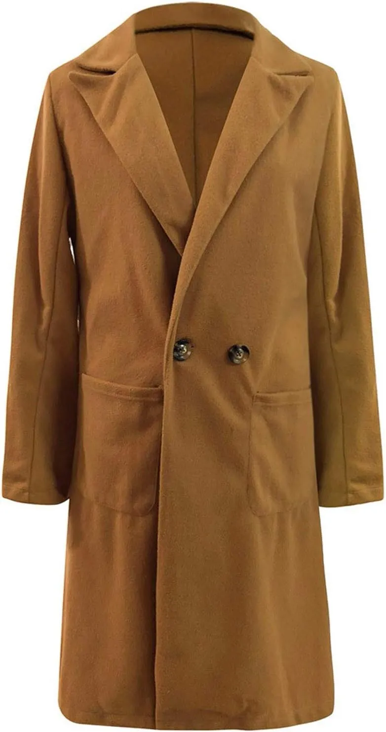 Women Long Coats Fashion Solid Wool Blend Trench Coat Casual Button Lapel Cardigan Jacket Elegant Peacoat