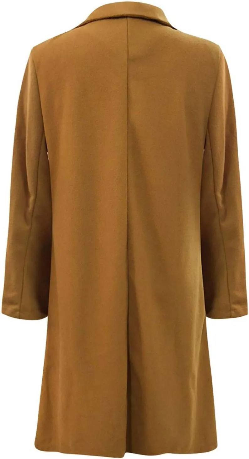 Women Long Coats Fashion Solid Wool Blend Trench Coat Casual Button Lapel Cardigan Jacket Elegant Peacoat