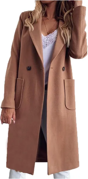 Women Long Coats Fashion Solid Wool Blend Trench Coat Casual Button Lapel Cardigan Jacket Elegant Peacoat