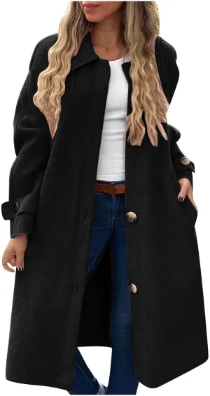 Women Long Peacoat Winter Fashion Button Up Trench Coats Casual Wool Blend Jacket Knee Length Overcoat 2024 New