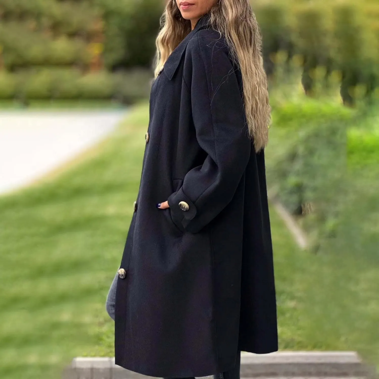 Women Long Peacoat Winter Fashion Button Up Trench Coats Casual Wool Blend Jacket Knee Length Overcoat 2024 New