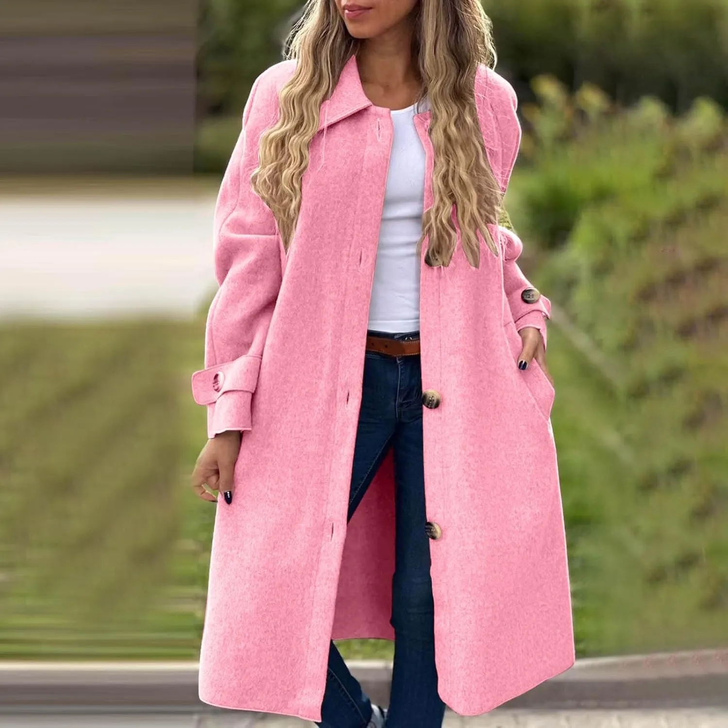 Women Long Peacoat Winter Fashion Button Up Trench Coats Casual Wool Blend Jacket Knee Length Overcoat 2024 New
