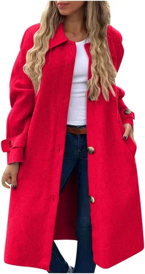 Women Long Peacoat Winter Fashion Button Up Trench Coats Casual Wool Blend Jacket Knee Length Overcoat 2024 New