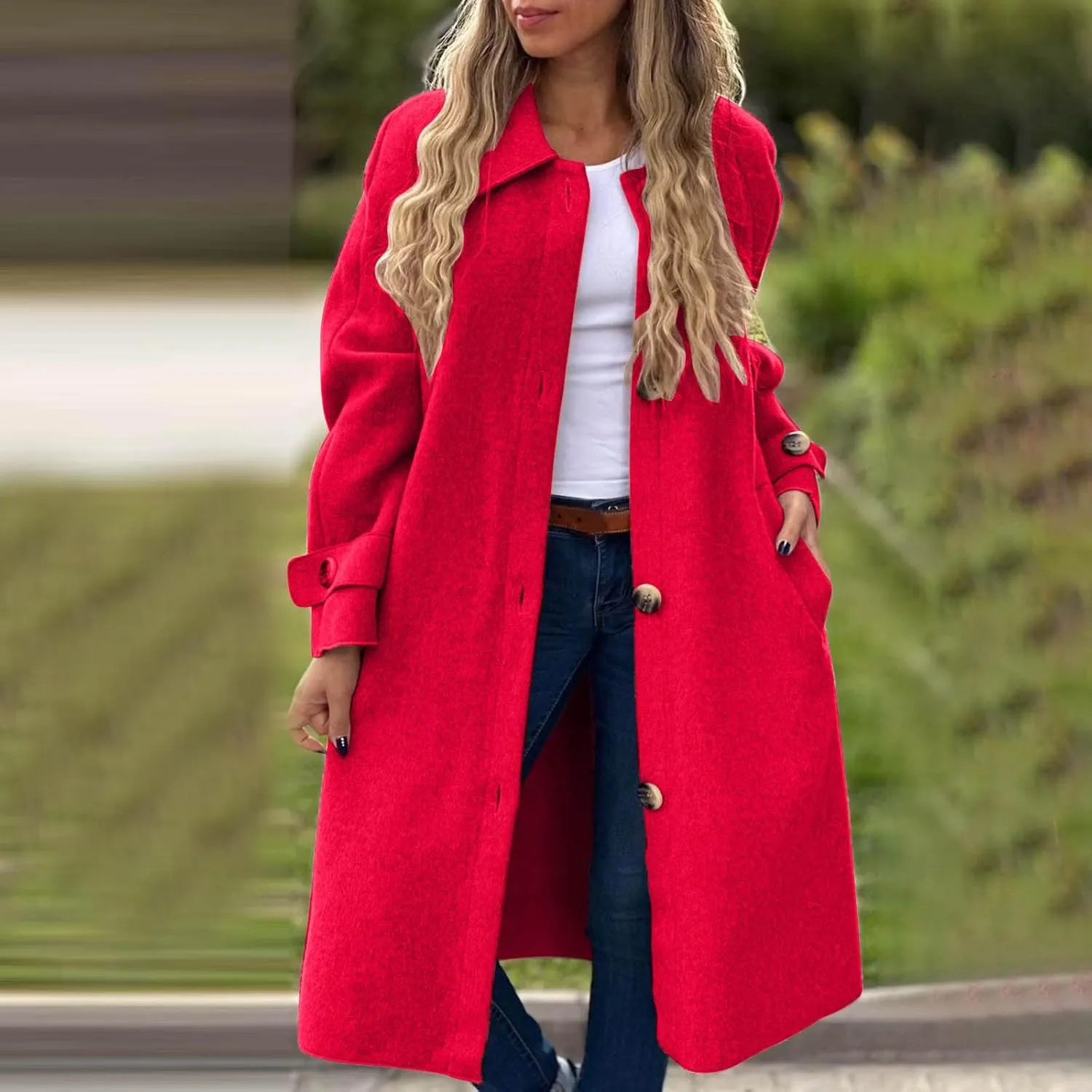 Women Long Peacoat Winter Fashion Button Up Trench Coats Casual Wool Blend Jacket Knee Length Overcoat 2024 New