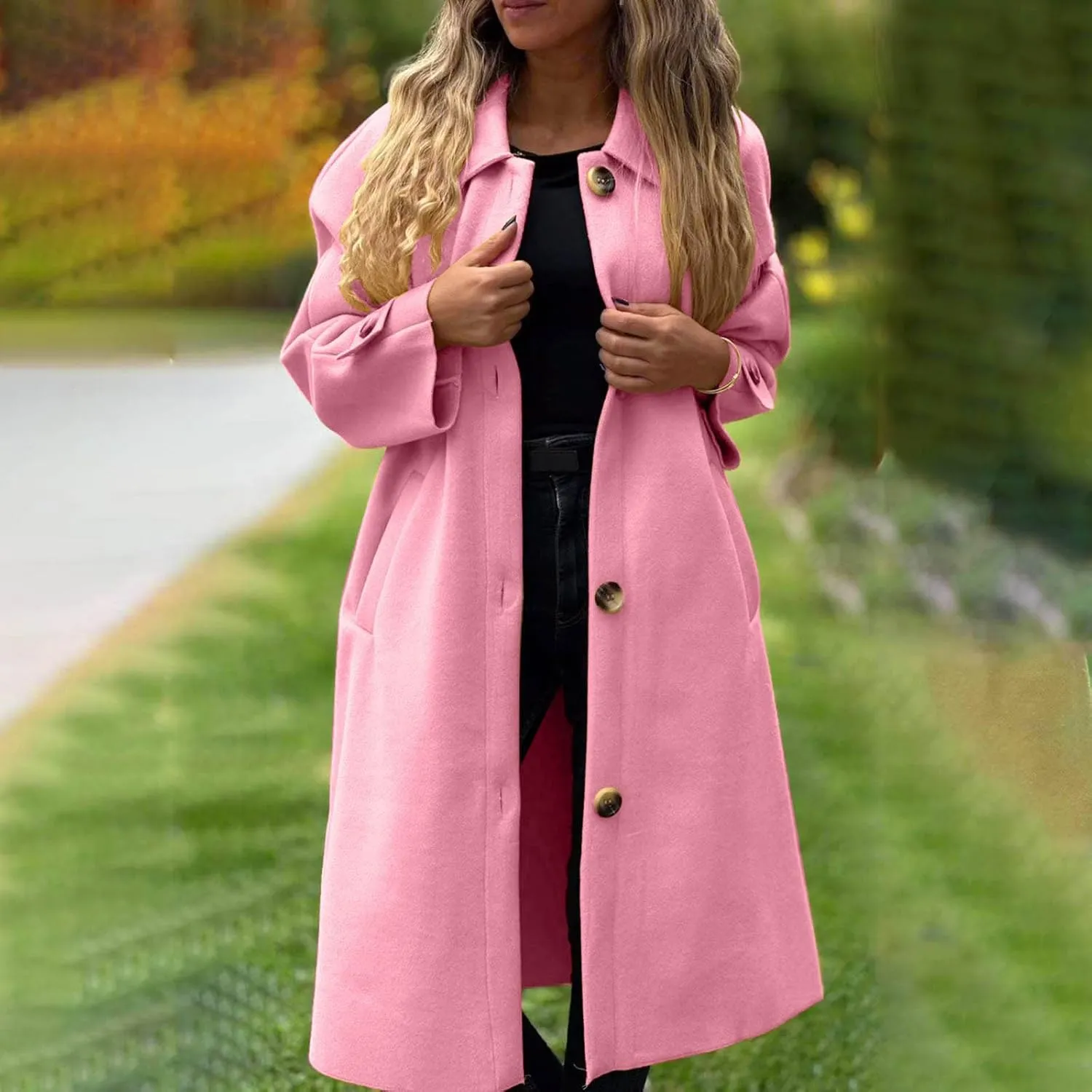 Women Long Peacoat Winter Fashion Button Up Trench Coats Casual Wool Blend Jacket Knee Length Overcoat 2024 New