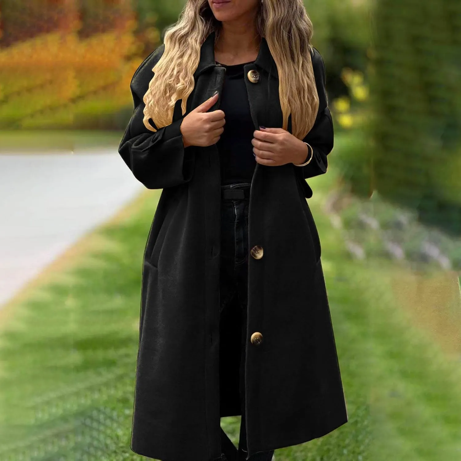 Women Long Peacoat Winter Fashion Button Up Trench Coats Casual Wool Blend Jacket Knee Length Overcoat 2024 New