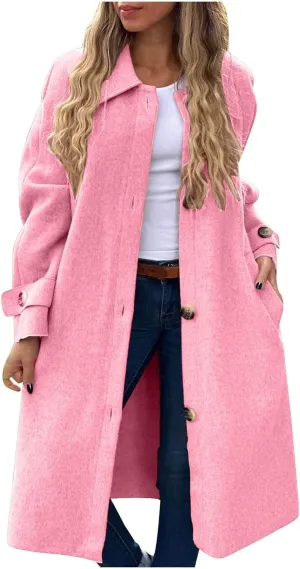 Women Long Peacoat Winter Fashion Button Up Trench Coats Casual Wool Blend Jacket Knee Length Overcoat 2024 New