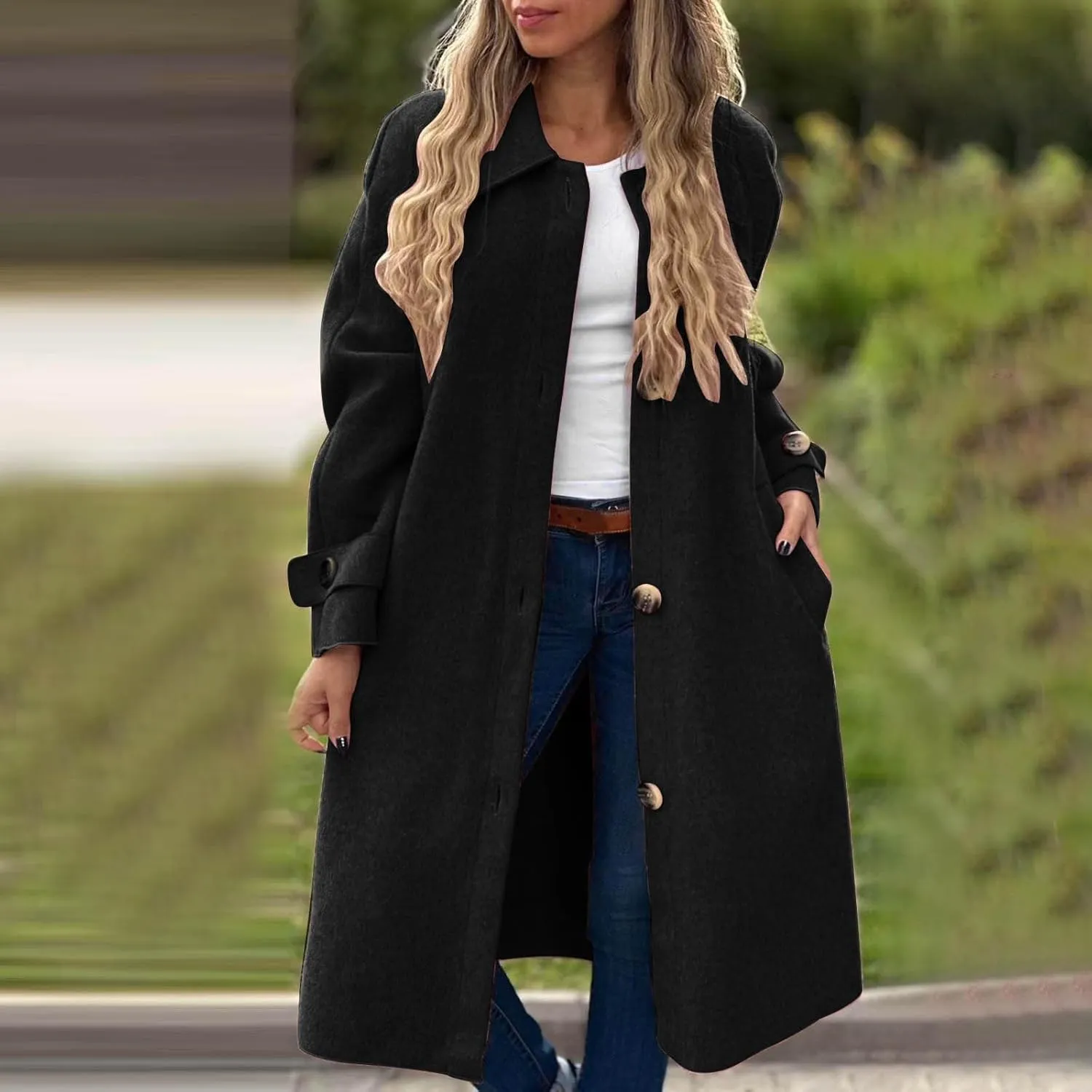 Women Long Peacoat Winter Fashion Button Up Trench Coats Casual Wool Blend Jacket Knee Length Overcoat 2024 New