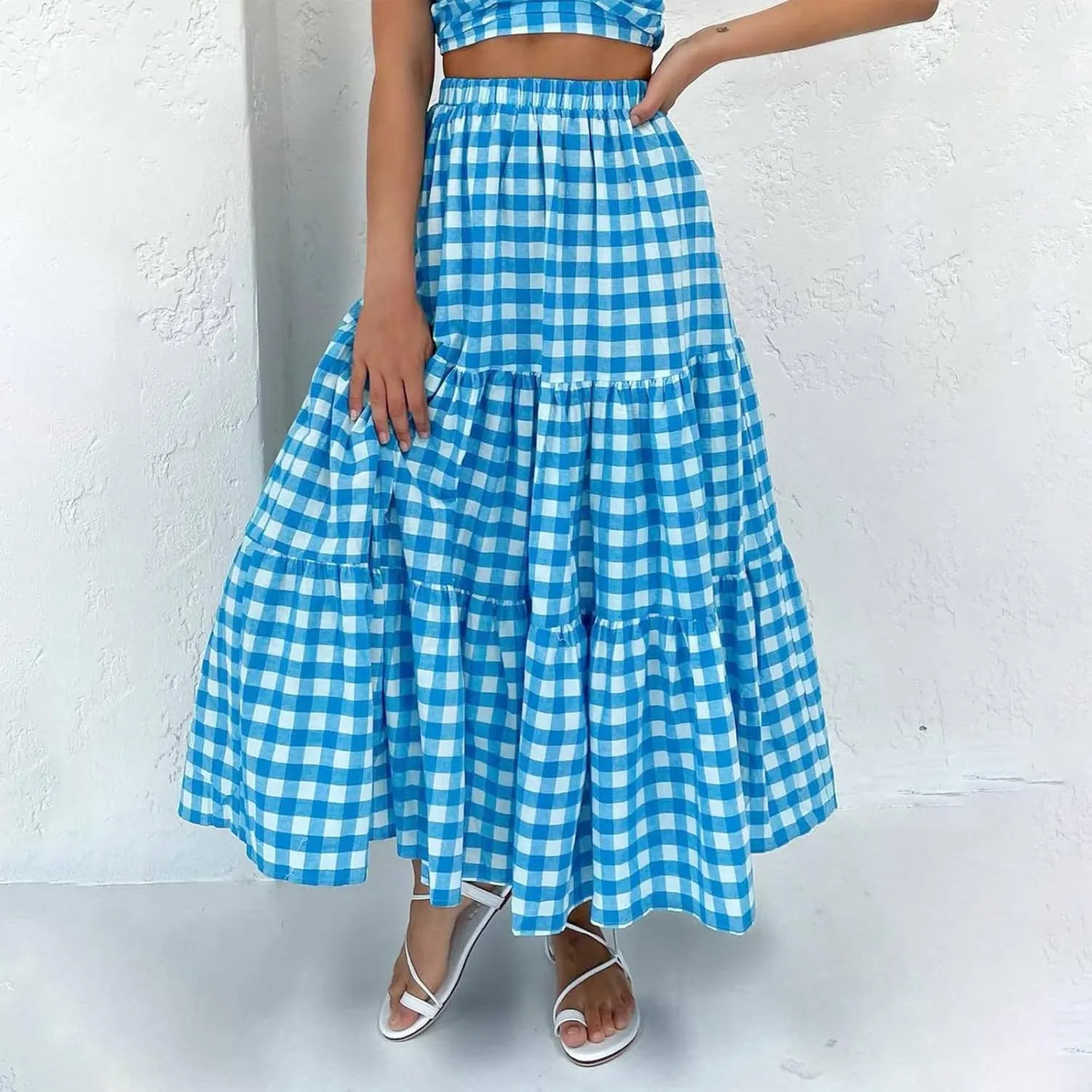 Women Plaid Tiered Maxi Skirt Elastic High Waist Vintage Gingham Pleated Long Skirt Y2K Flowy Swing A Line Skirt
