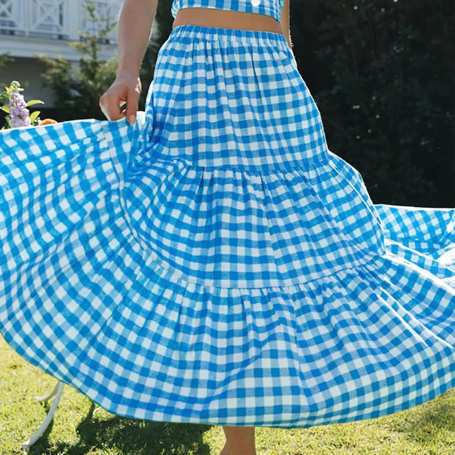 Women Plaid Tiered Maxi Skirt Elastic High Waist Vintage Gingham Pleated Long Skirt Y2K Flowy Swing A Line Skirt