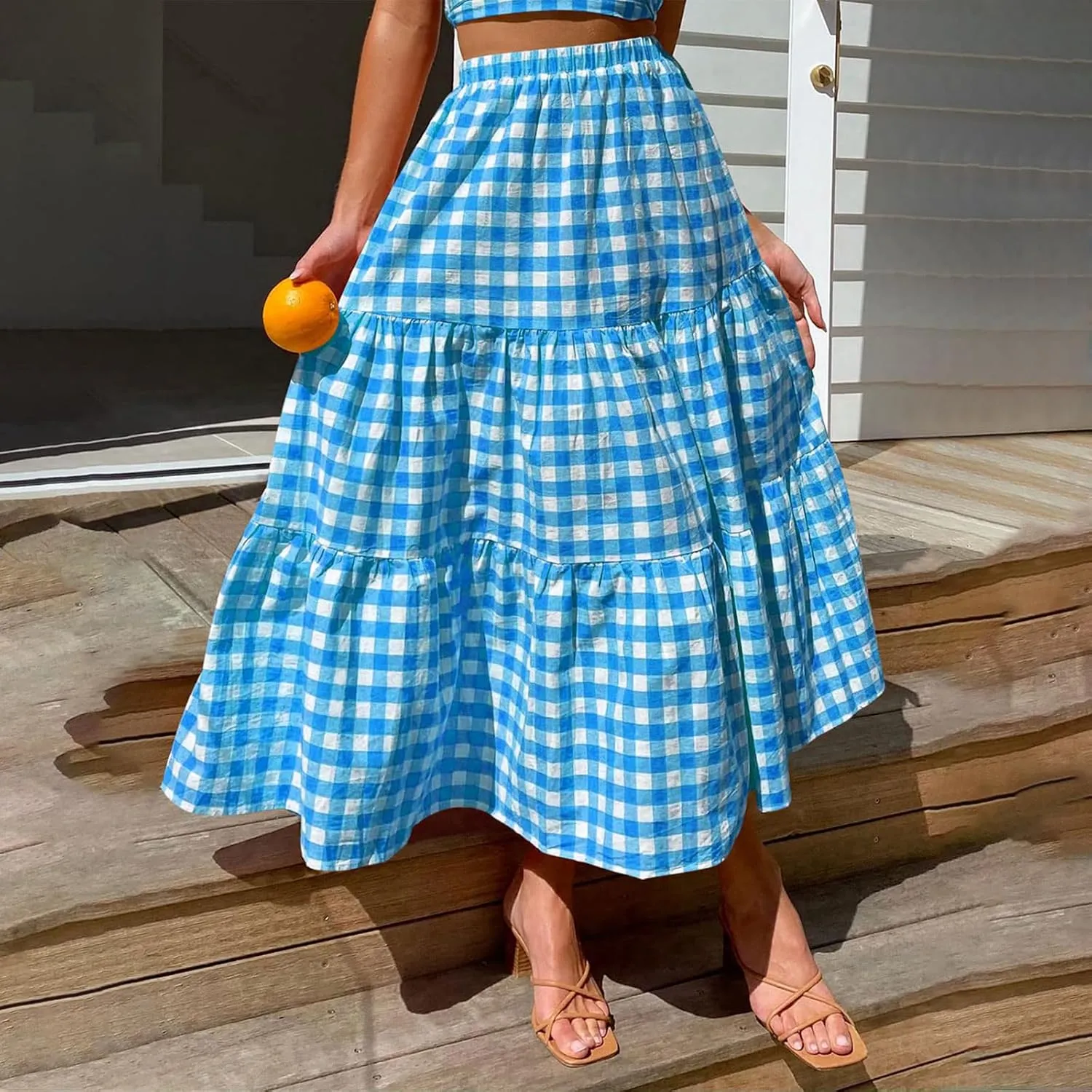Women Plaid Tiered Maxi Skirt Elastic High Waist Vintage Gingham Pleated Long Skirt Y2K Flowy Swing A Line Skirt