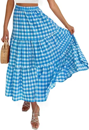 Women Plaid Tiered Maxi Skirt Elastic High Waist Vintage Gingham Pleated Long Skirt Y2K Flowy Swing A Line Skirt