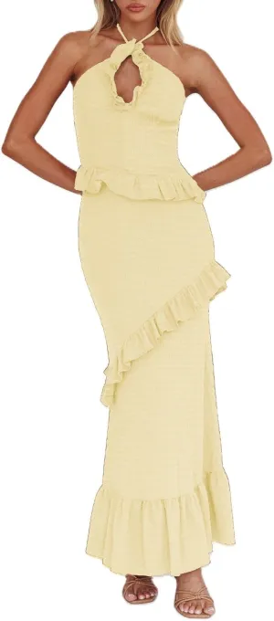 Women Ruffle Maxi Skirt Set Halter Ruched Crop Top Flowy Long Skirt Y2K 2 Piece Outfts Going Out