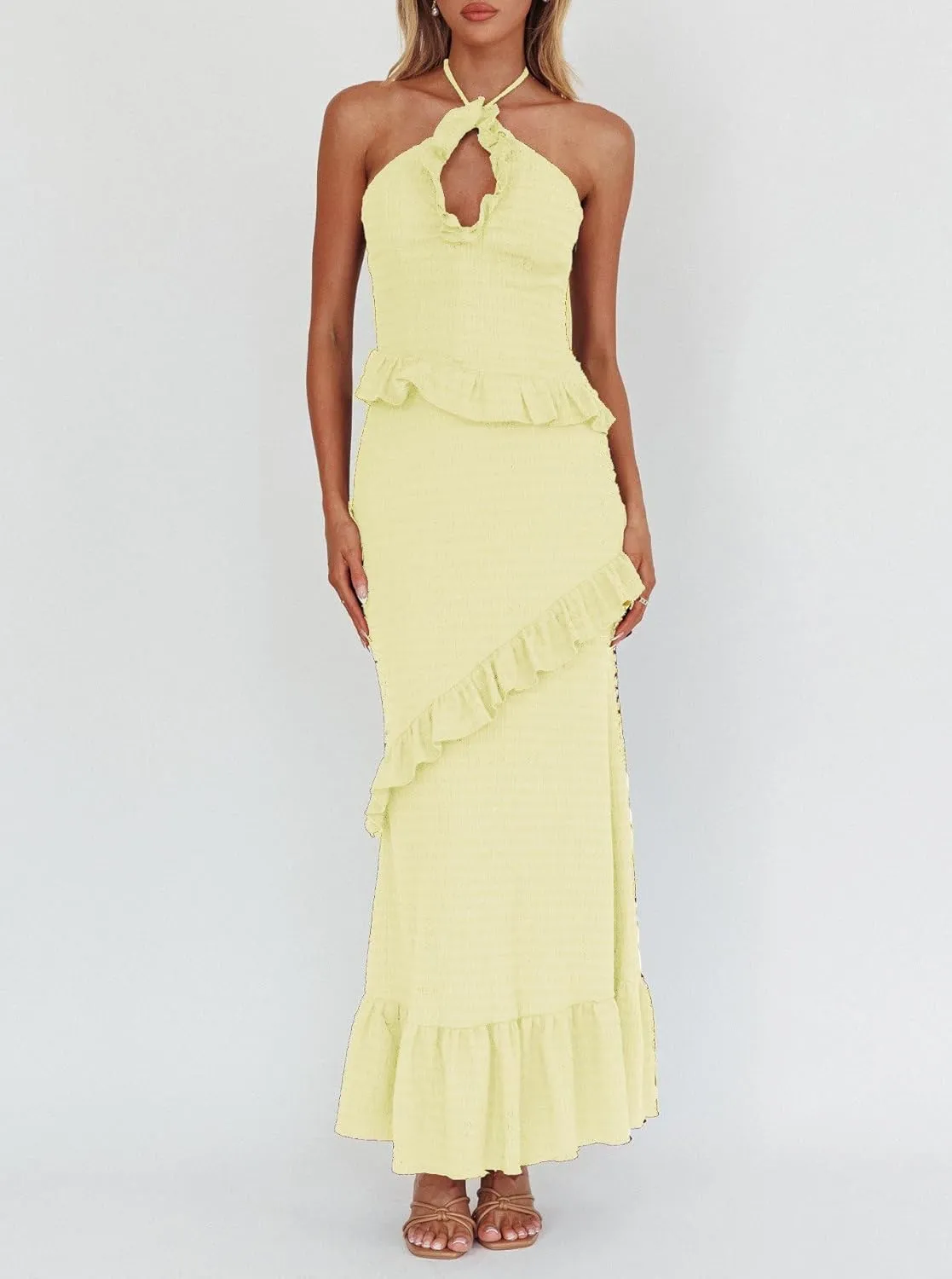 Women Ruffle Maxi Skirt Set Halter Ruched Crop Top Flowy Long Skirt Y2K 2 Piece Outfts Going Out