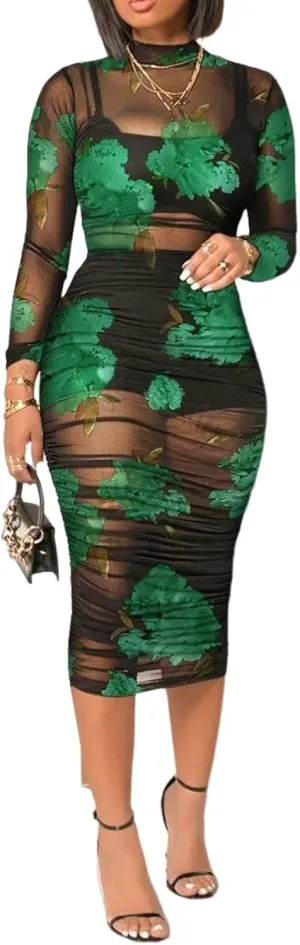 Women Sexy 3 Piece Outfits Set See Through Print Long Sleeve Midi Dress Sheer Mesh Crop Tank Tops Bodycon Skirt