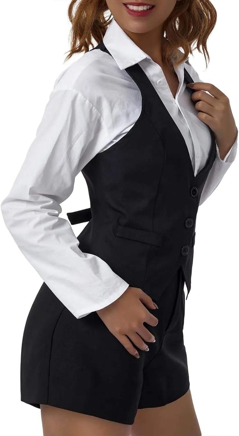Women Sexy Slim Fit Vintage Button Sleeveless Suit V Neck Halter Jacket Tuxedo Vader Blazer