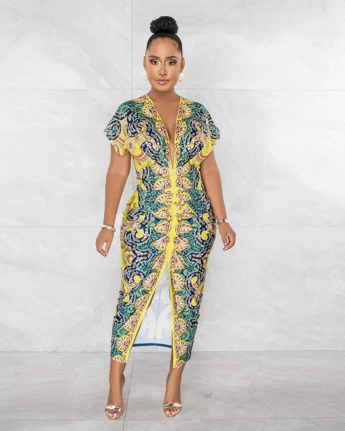 Women Sexy Summer Dresses Deep V Neck Floral Maxi Dress Draped Split Casual Bodycon Midi Dress