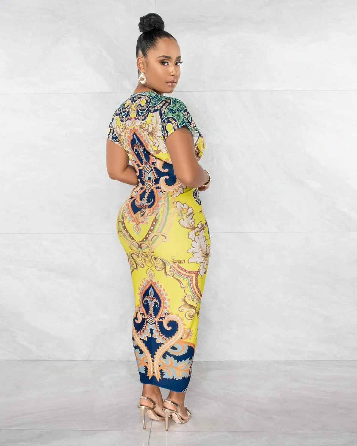 Women Sexy Summer Dresses Deep V Neck Floral Maxi Dress Draped Split Casual Bodycon Midi Dress