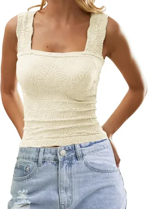 Women Square Neck Wide Strap Floral Crop Tank Top Sleeveless Lettuce Trim Solid Slim Cropped Cami Vest Tops