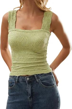 Women Square Neck Wide Strap Floral Crop Tank Top Sleeveless Lettuce Trim Solid Slim Cropped Cami Vest Tops