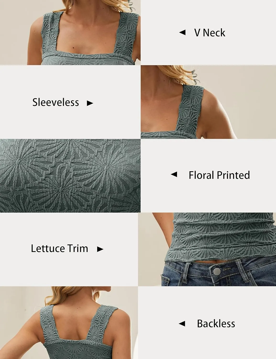 Women Square Neck Wide Strap Floral Crop Tank Top Sleeveless Lettuce Trim Solid Slim Cropped Cami Vest Tops