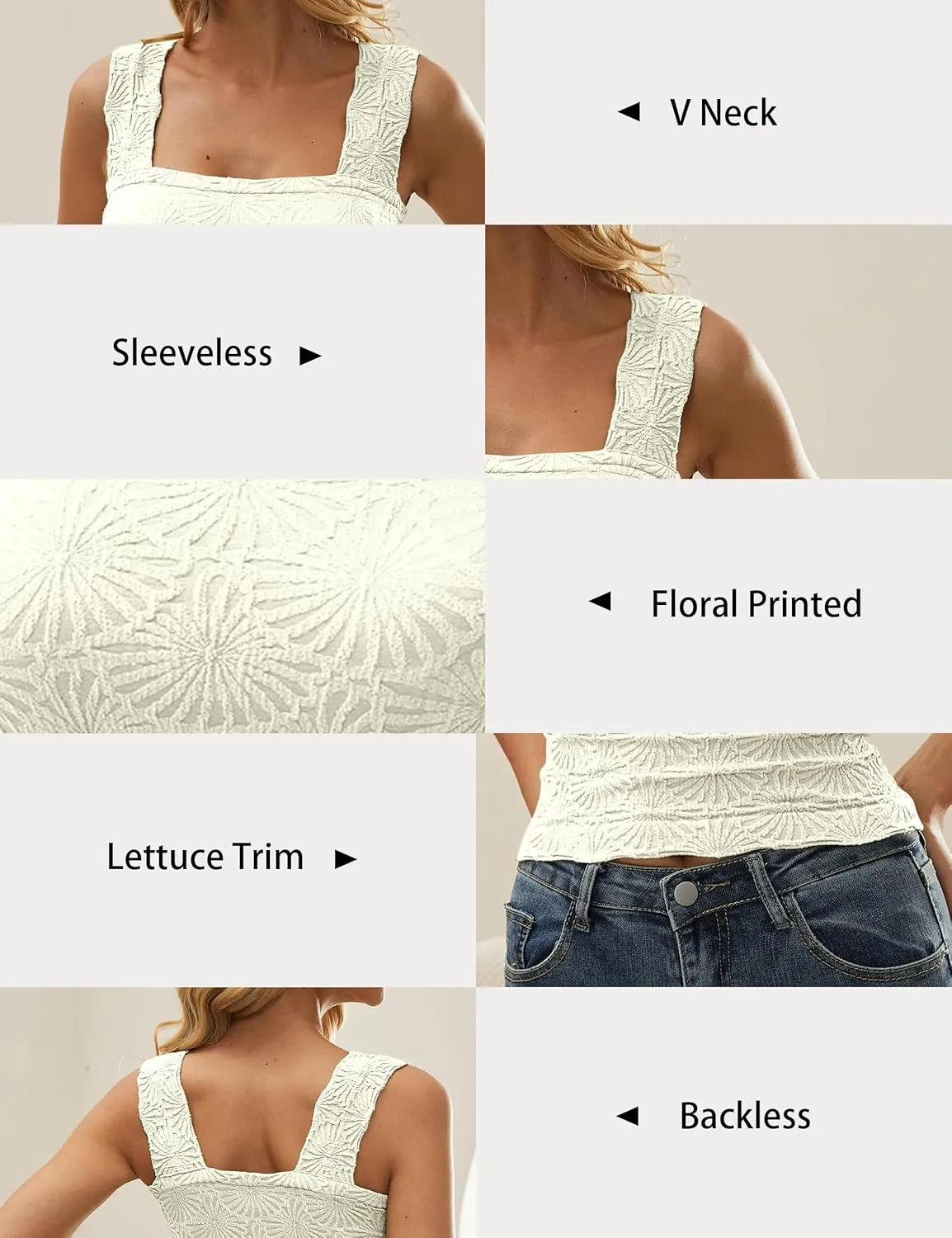 Women Square Neck Wide Strap Floral Crop Tank Top Sleeveless Lettuce Trim Solid Slim Cropped Cami Vest Tops