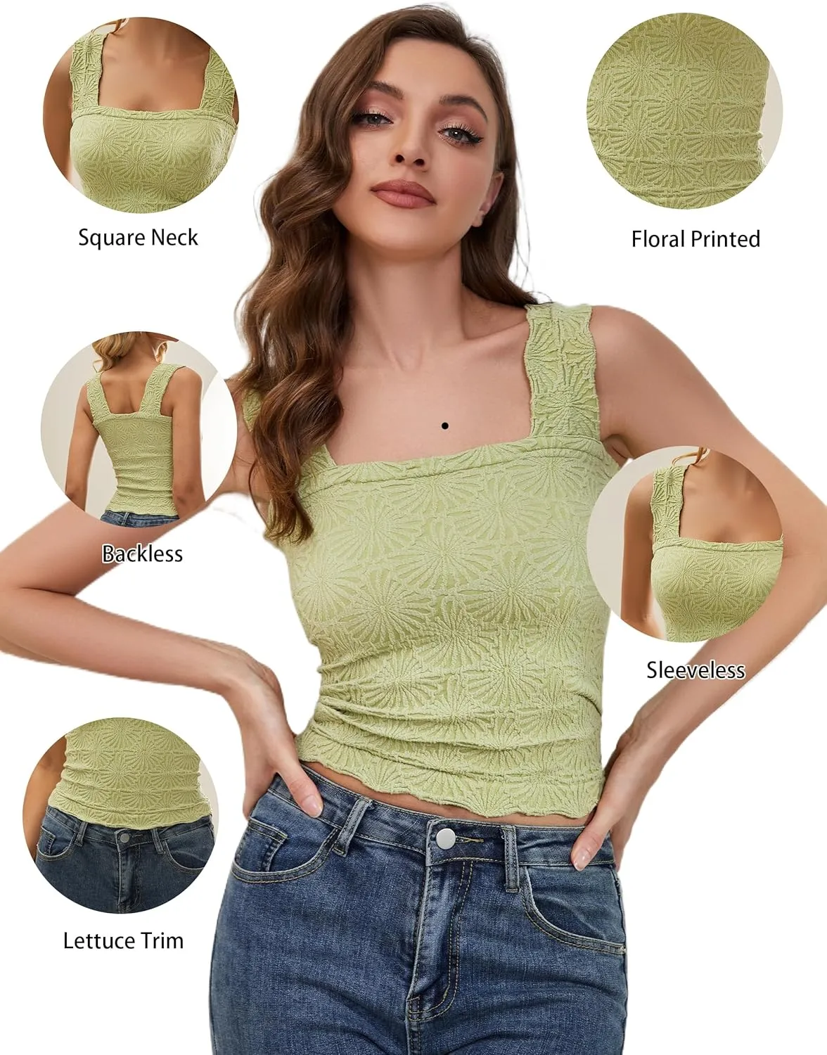 Women Square Neck Wide Strap Floral Crop Tank Top Sleeveless Lettuce Trim Solid Slim Cropped Cami Vest Tops