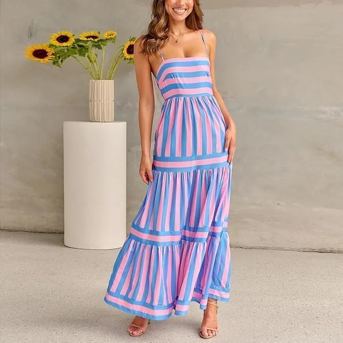 Women Striped Sleeveless Maxi Dress Spaghetti Strap Cutout Backless Long Flowy A-Line Sundress Beach Boho Maxi Dress