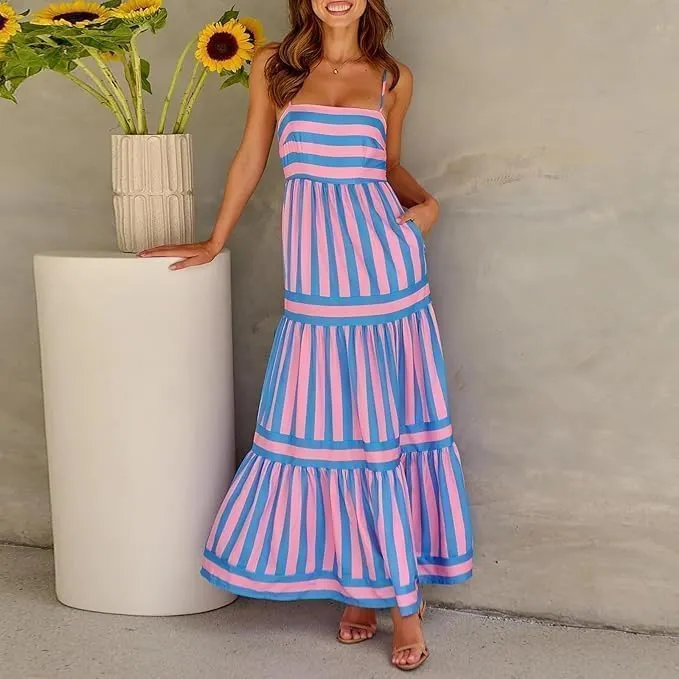 Women Striped Sleeveless Maxi Dress Spaghetti Strap Cutout Backless Long Flowy A-Line Sundress Beach Boho Maxi Dress