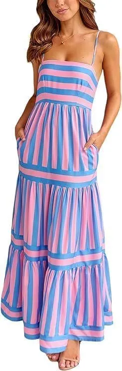 Women Striped Sleeveless Maxi Dress Spaghetti Strap Cutout Backless Long Flowy A-Line Sundress Beach Boho Maxi Dress