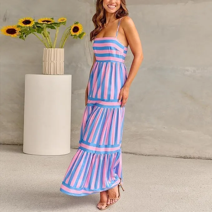 Women Striped Sleeveless Maxi Dress Spaghetti Strap Cutout Backless Long Flowy A-Line Sundress Beach Boho Maxi Dress