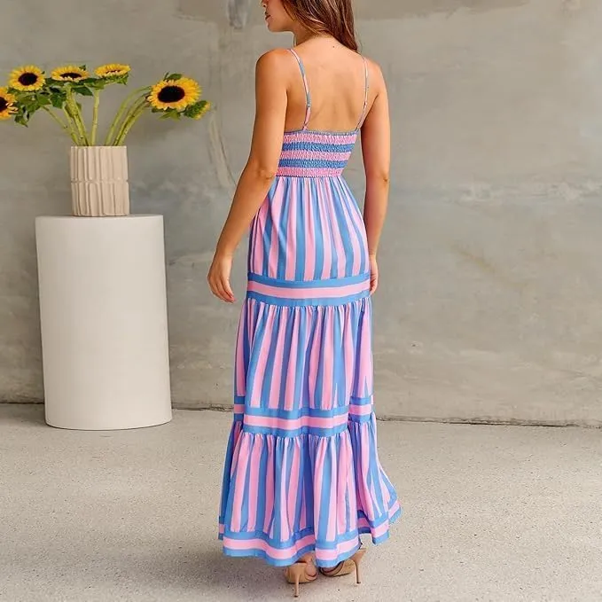 Women Striped Sleeveless Maxi Dress Spaghetti Strap Cutout Backless Long Flowy A-Line Sundress Beach Boho Maxi Dress