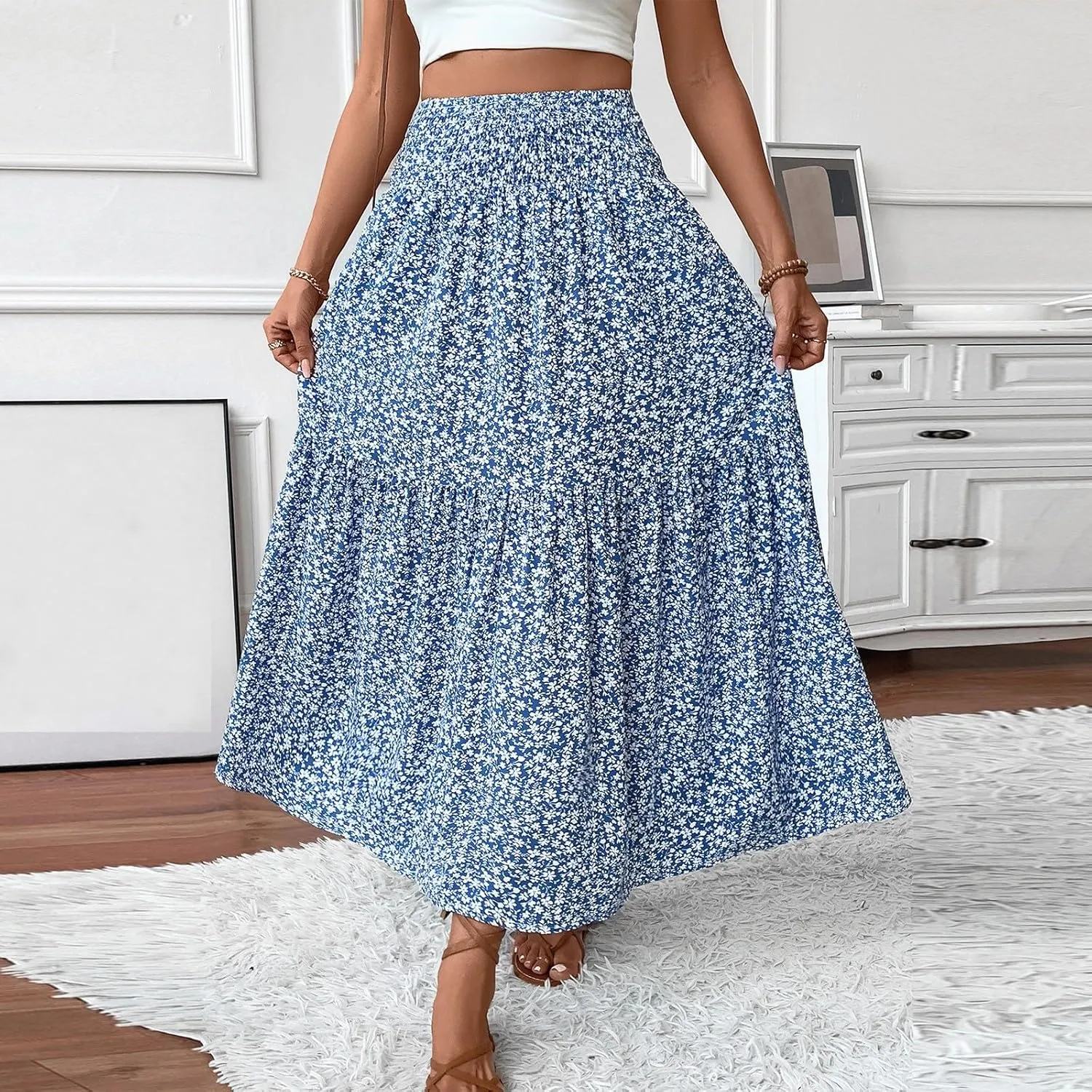 Women Summer Boho Floral Smocked Elastic High Waist Flowy Swing Pleated Maxi Skirts Vacation Print A-Line Long Skirts