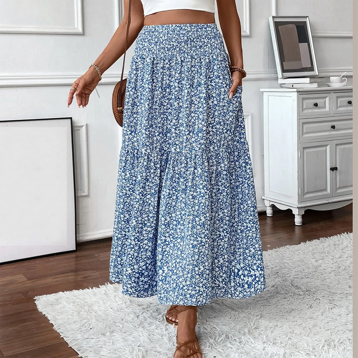 Women Summer Boho Floral Smocked Elastic High Waist Flowy Swing Pleated Maxi Skirts Vacation Print A-Line Long Skirts