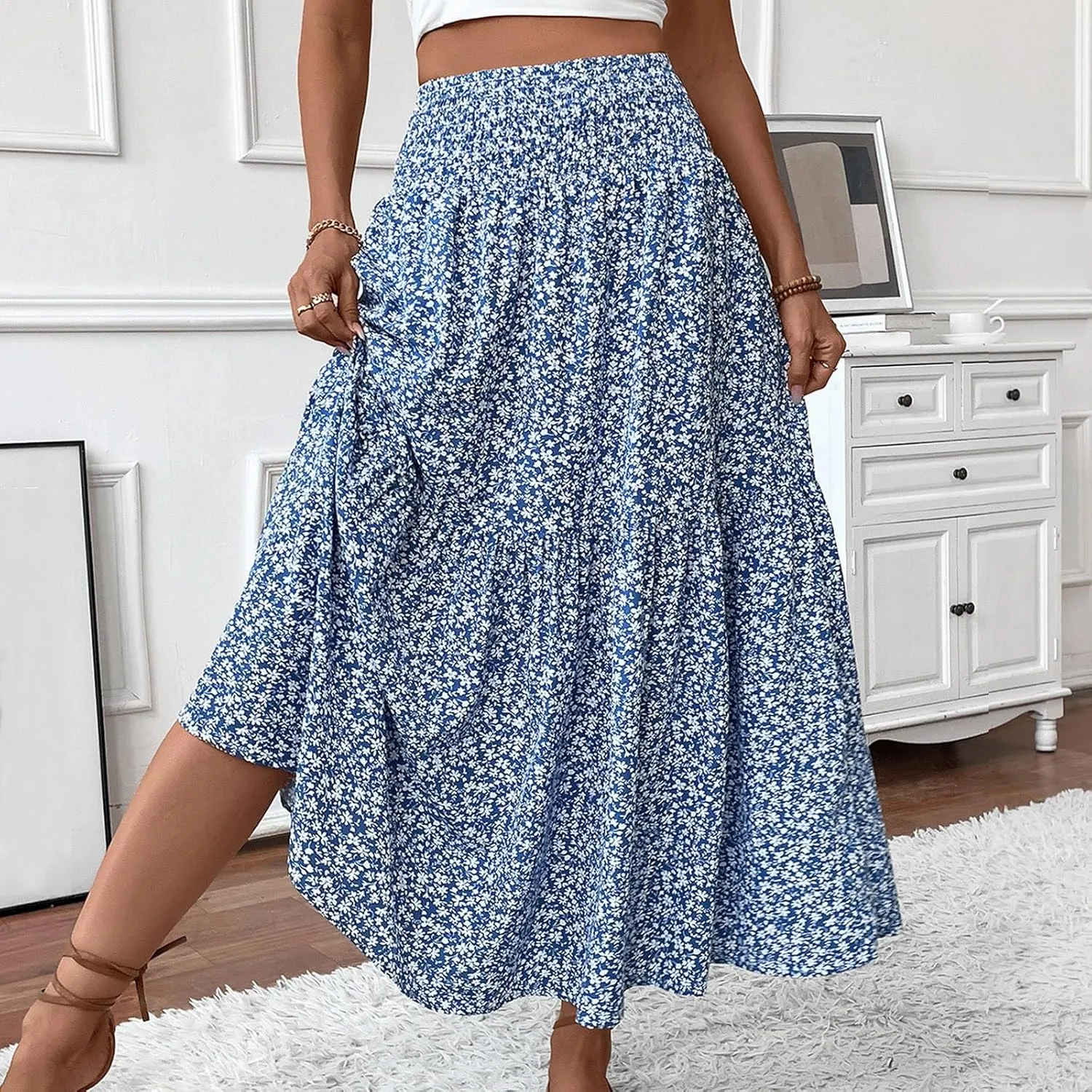 Women Summer Boho Floral Smocked Elastic High Waist Flowy Swing Pleated Maxi Skirts Vacation Print A-Line Long Skirts