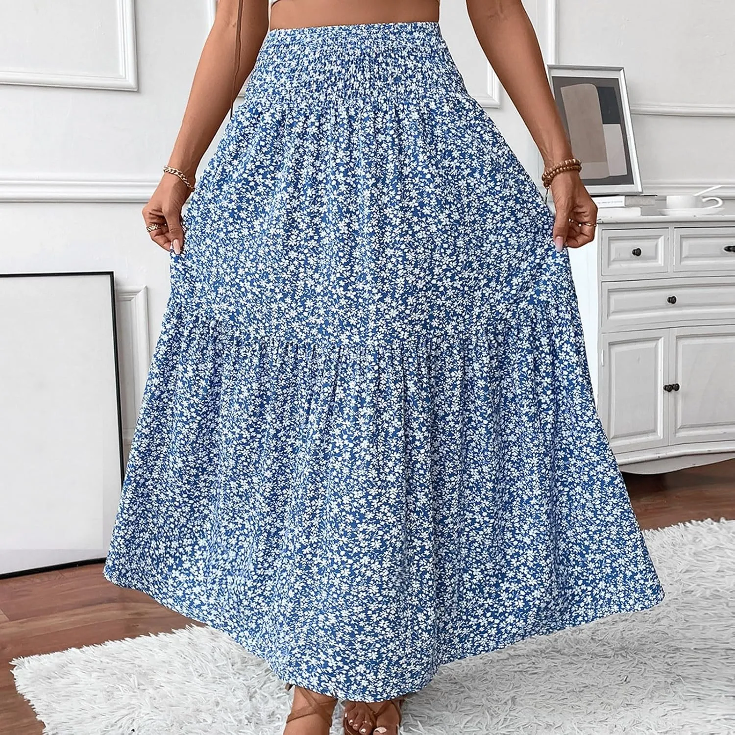 Women Summer Boho Floral Smocked Elastic High Waist Flowy Swing Pleated Maxi Skirts Vacation Print A-Line Long Skirts