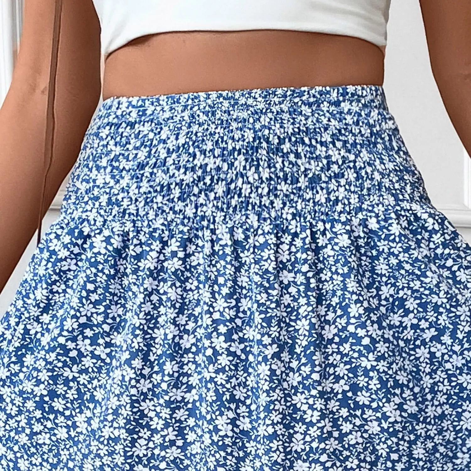 Women Summer Boho Floral Smocked Elastic High Waist Flowy Swing Pleated Maxi Skirts Vacation Print A-Line Long Skirts