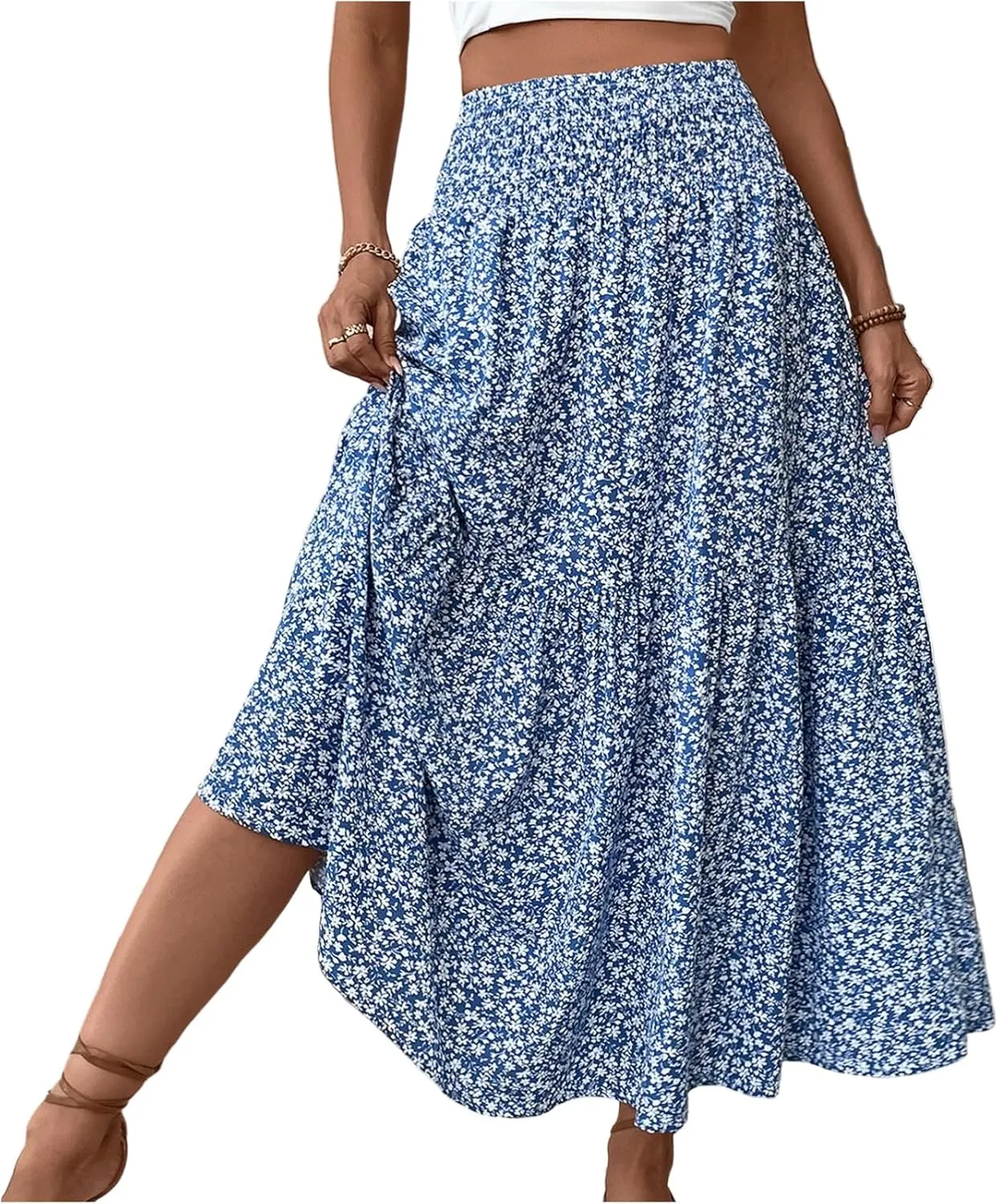 Women Summer Boho Floral Smocked Elastic High Waist Flowy Swing Pleated Maxi Skirts Vacation Print A-Line Long Skirts