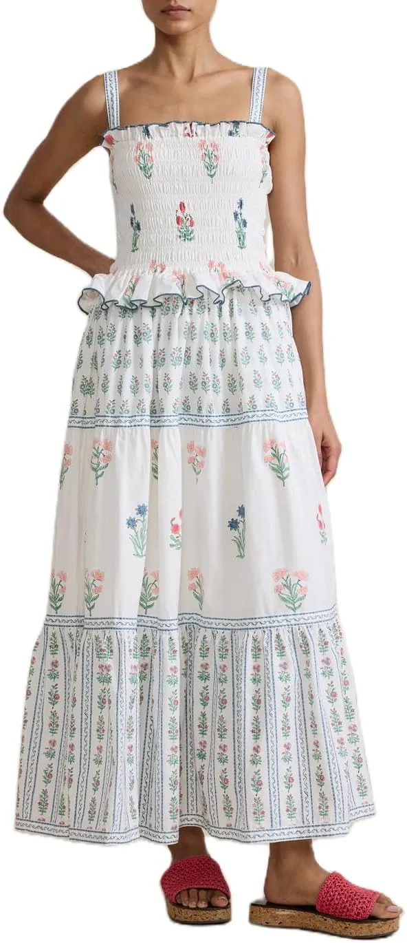 Women Summer Boho Tie Shoulder Dress Y2k Floral Smocked Flowy Long Dress Ruffle Tiered Beach Vocation Sundress