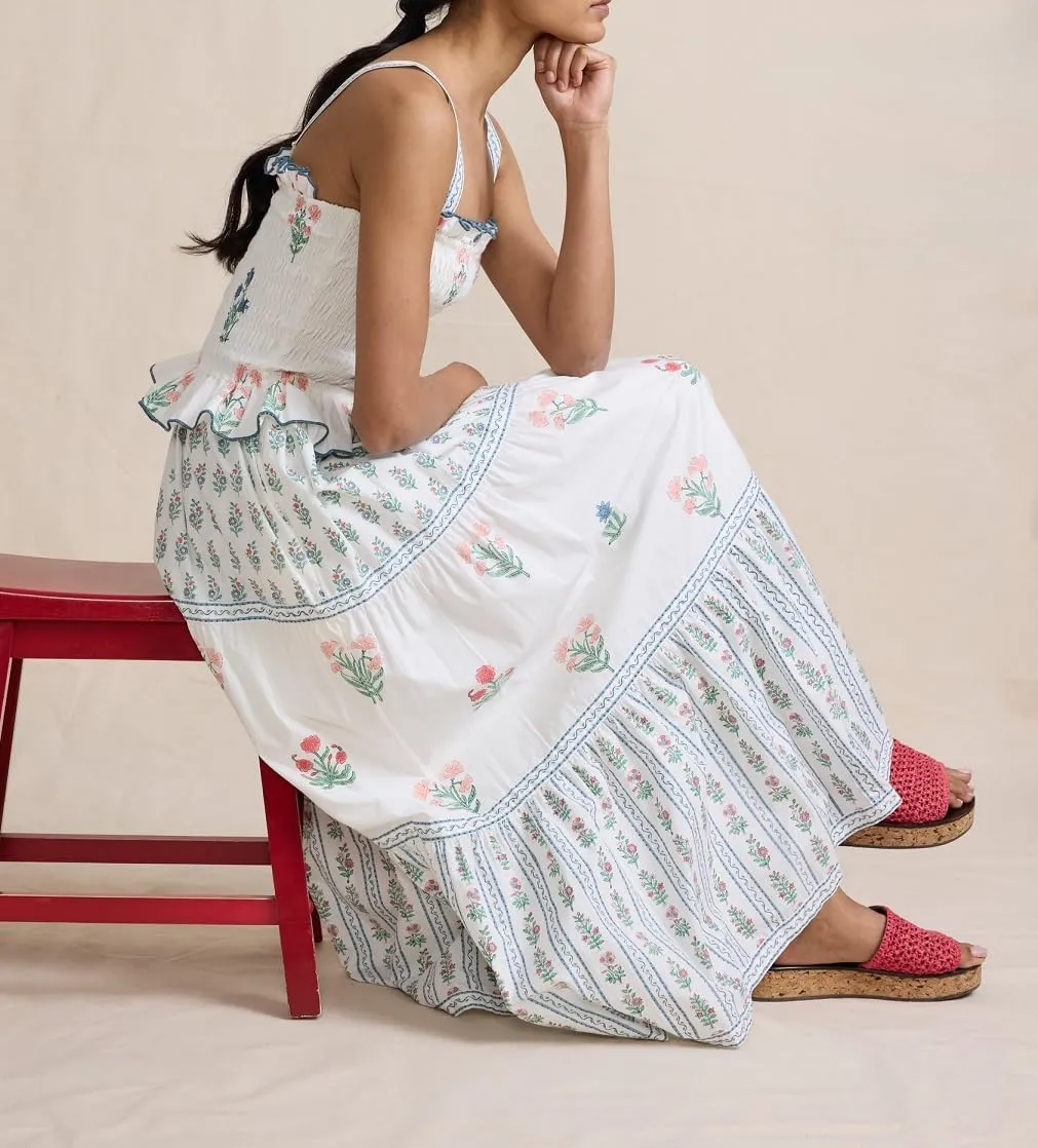 Women Summer Boho Tie Shoulder Dress Y2k Floral Smocked Flowy Long Dress Ruffle Tiered Beach Vocation Sundress