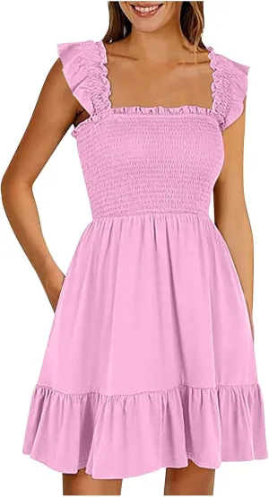 Women Summer Casual Sleeveless Square Neck Smocked Ruffle Backless Boho Mini Dress Flowy Beach Cute Swing Dress