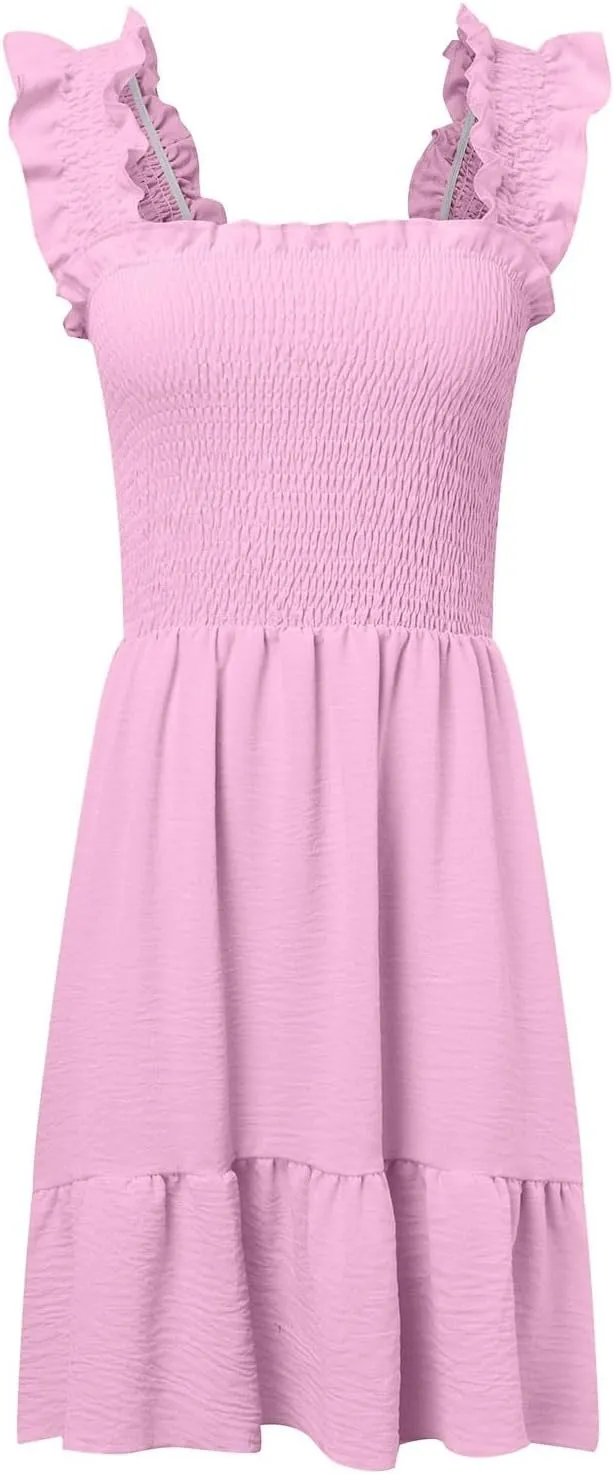 Women Summer Casual Sleeveless Square Neck Smocked Ruffle Backless Boho Mini Dress Flowy Beach Cute Swing Dress