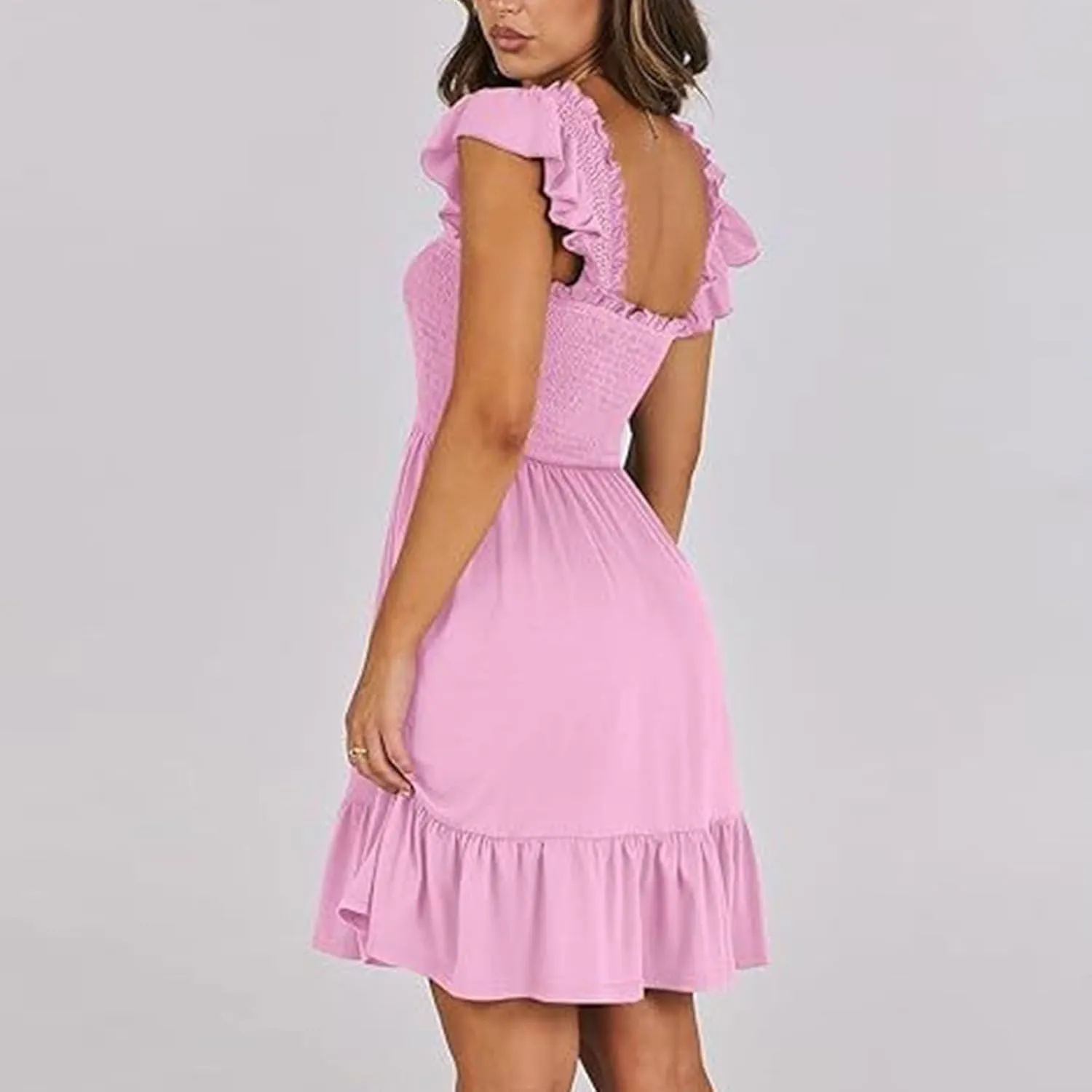Women Summer Casual Sleeveless Square Neck Smocked Ruffle Backless Boho Mini Dress Flowy Beach Cute Swing Dress