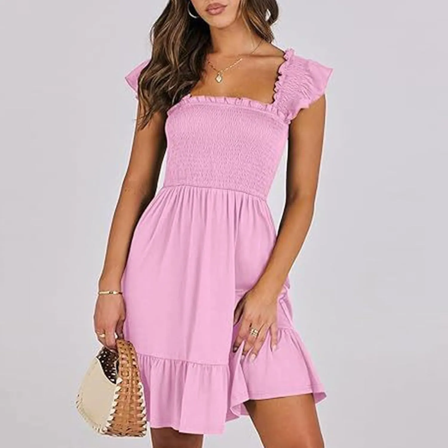 Women Summer Casual Sleeveless Square Neck Smocked Ruffle Backless Boho Mini Dress Flowy Beach Cute Swing Dress