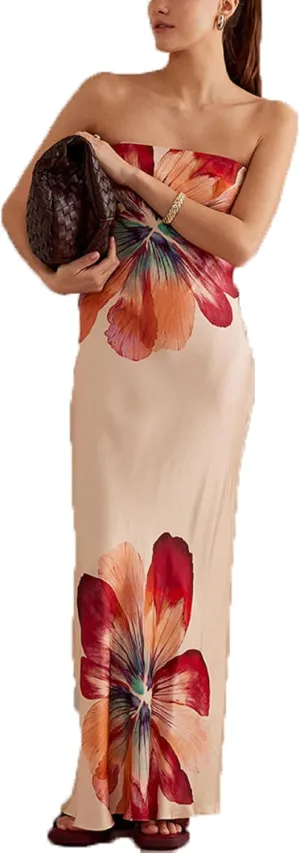 Women Summer Floral Maxi Dress Sexy Backless Bodycon Long Dresses with Scarf Formal Cocktail Tube Sundress