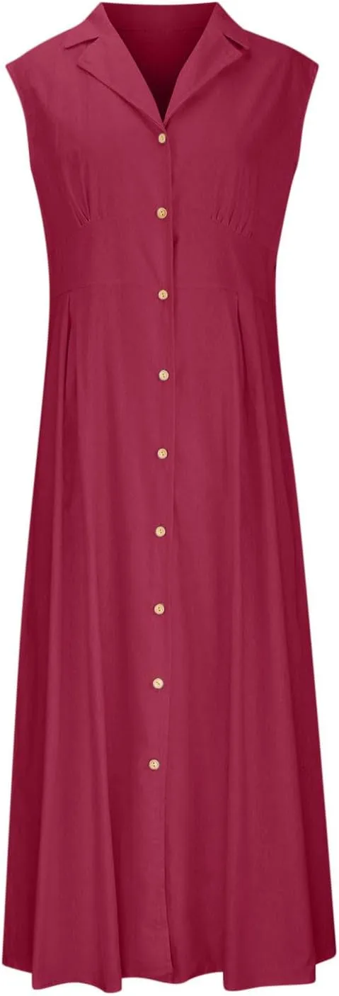 Women Summer Long Dresses Cotton Linen Solid Work Dress Causal Turndown Collar Sleeveless Button Sundress