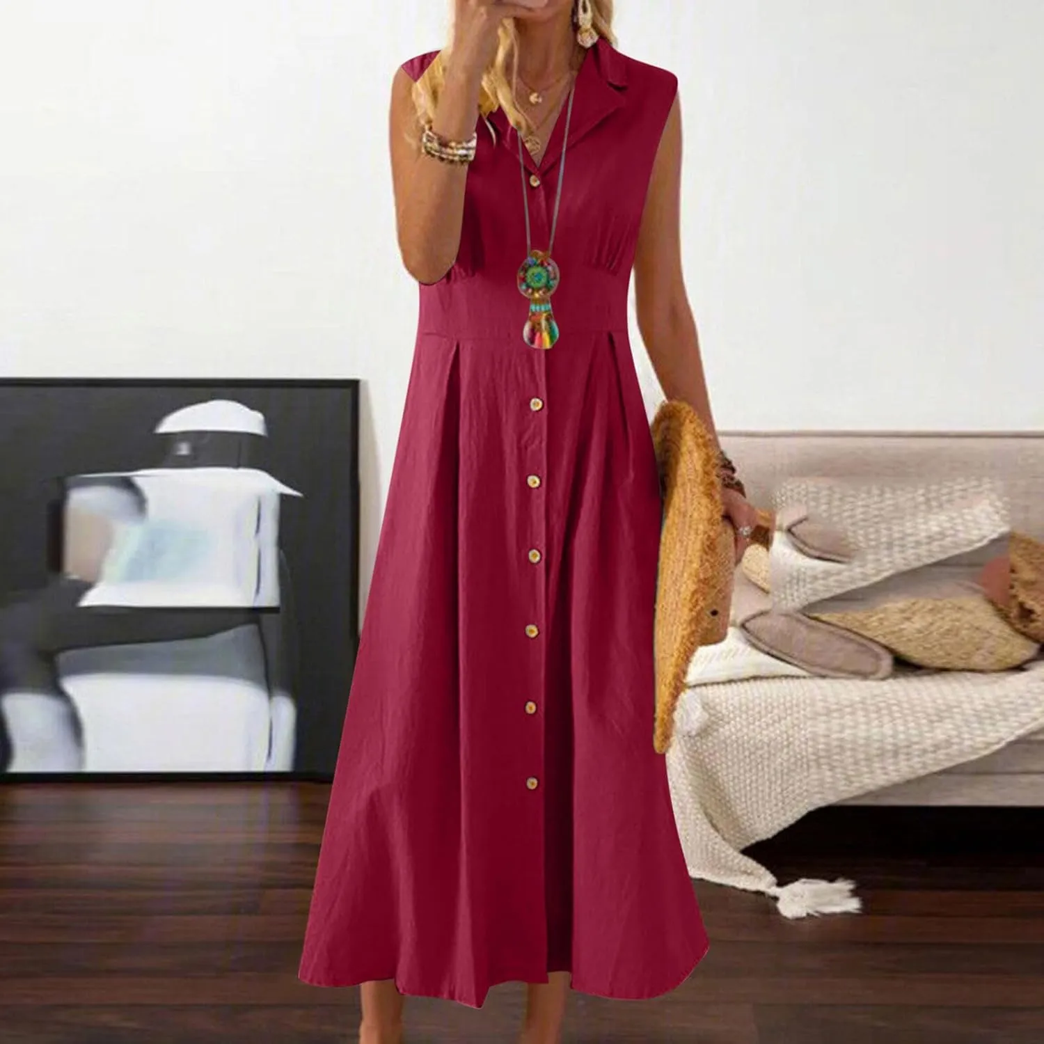 Women Summer Long Dresses Cotton Linen Solid Work Dress Causal Turndown Collar Sleeveless Button Sundress