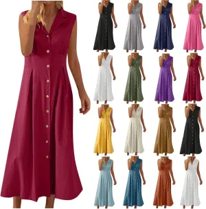 Women Summer Long Dresses Cotton Linen Solid Work Dress Causal Turndown Collar Sleeveless Button Sundress